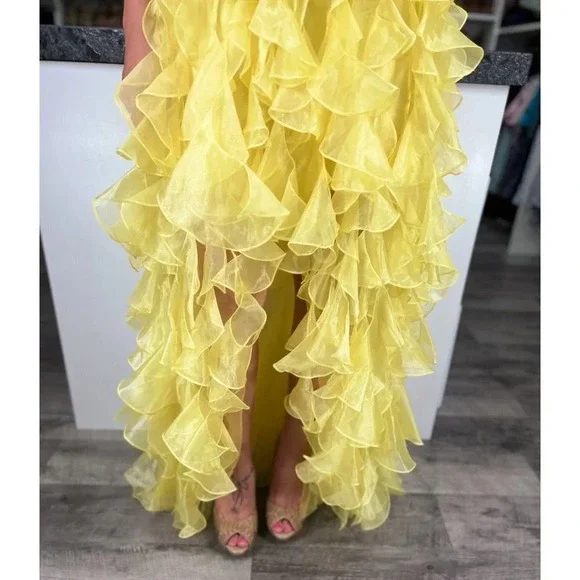 Sherri Hill Yellow Ruffle Organza Strapless Formal Gown $358